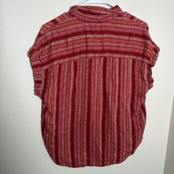 True Craft Blouse Women's Medium Red Striped Button Up Short Sleeve Pocket Top - Picture 4 of 8